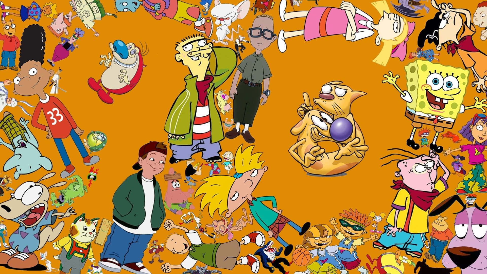 Personajesde Dibujos Animados Estilo Años 90 En Lienzo Naranja. Fondo de pantalla