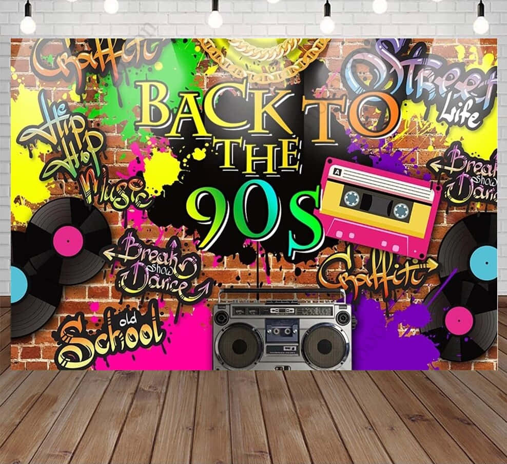 Back To The 90s Party Backdrop With Cassettes And Music