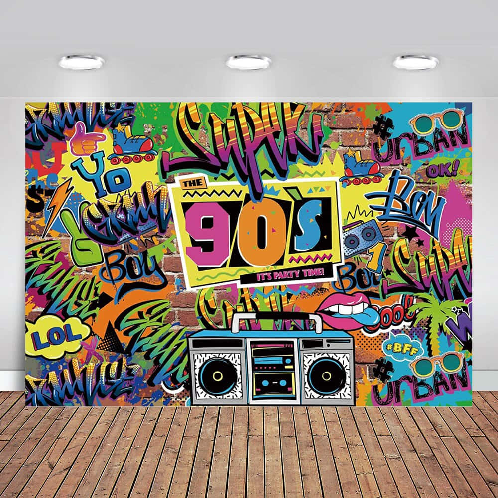 Fondode Pantalla Para Fiesta De Los 90 Con Un Boombox Y Grafitis.