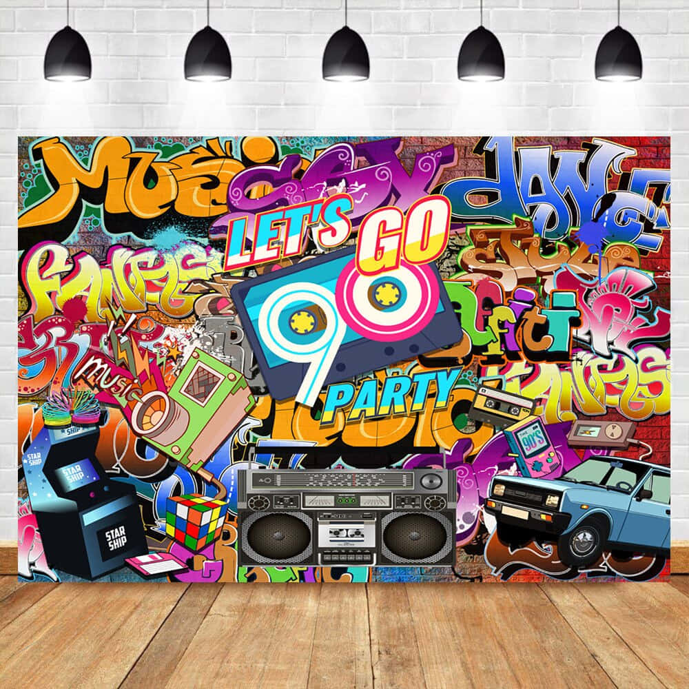 A Photo Booth With Graffiti And A Boombox