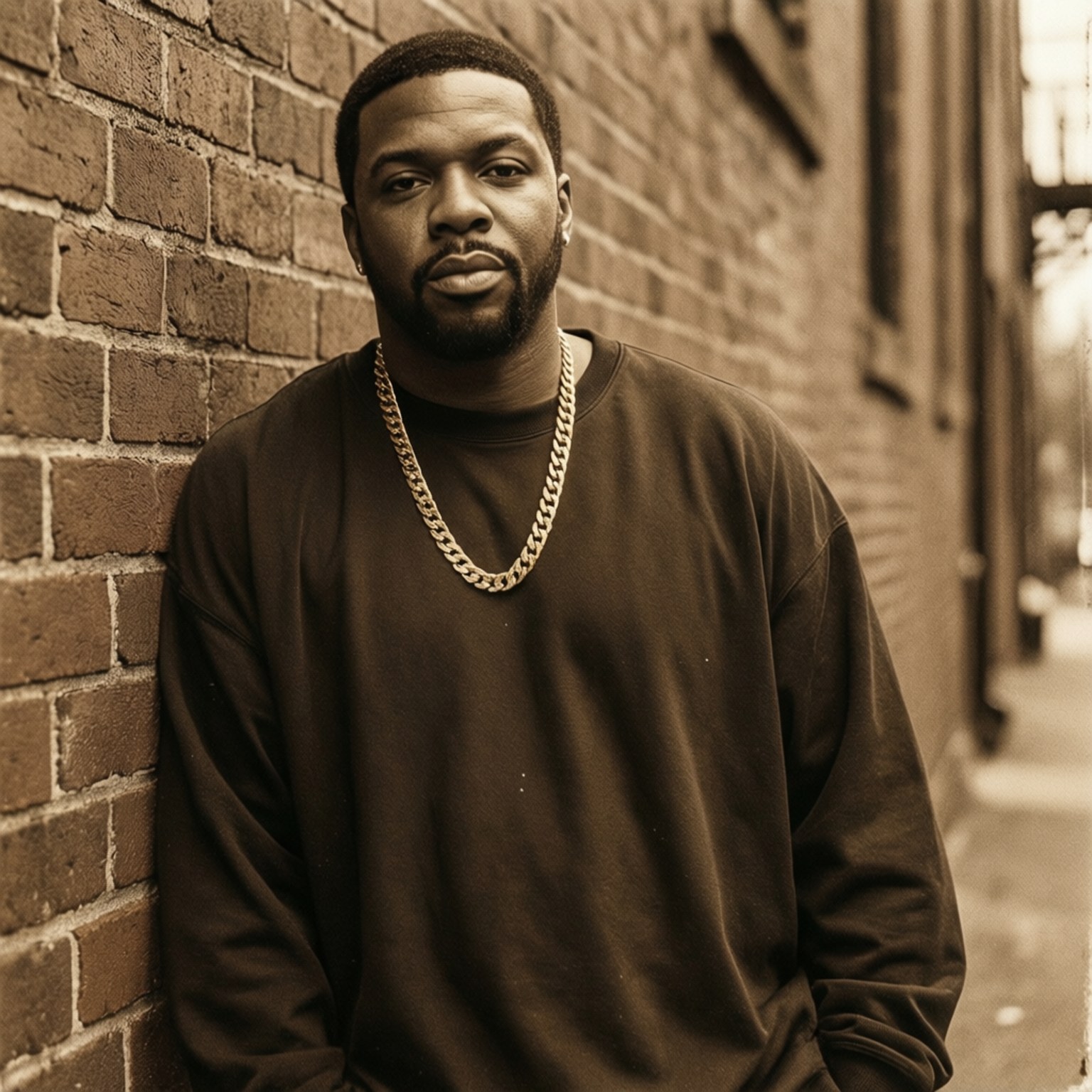 Man wearing a gold chain leans against a brick wall in an alley.