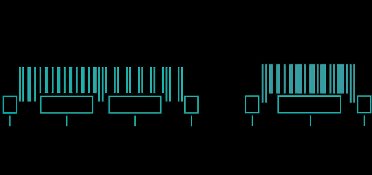 Abstract Barcodes Artwork Wallpaper — Two glowing teal barcodes float against a black background with clean geometric lines and digital precision.