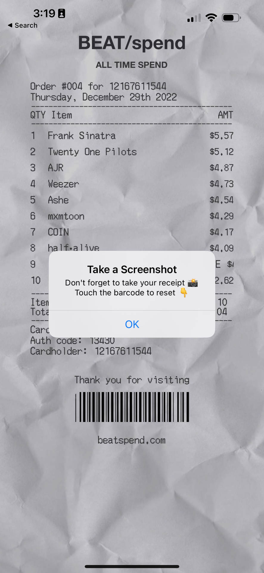 A Beat/spend Receipt Picture