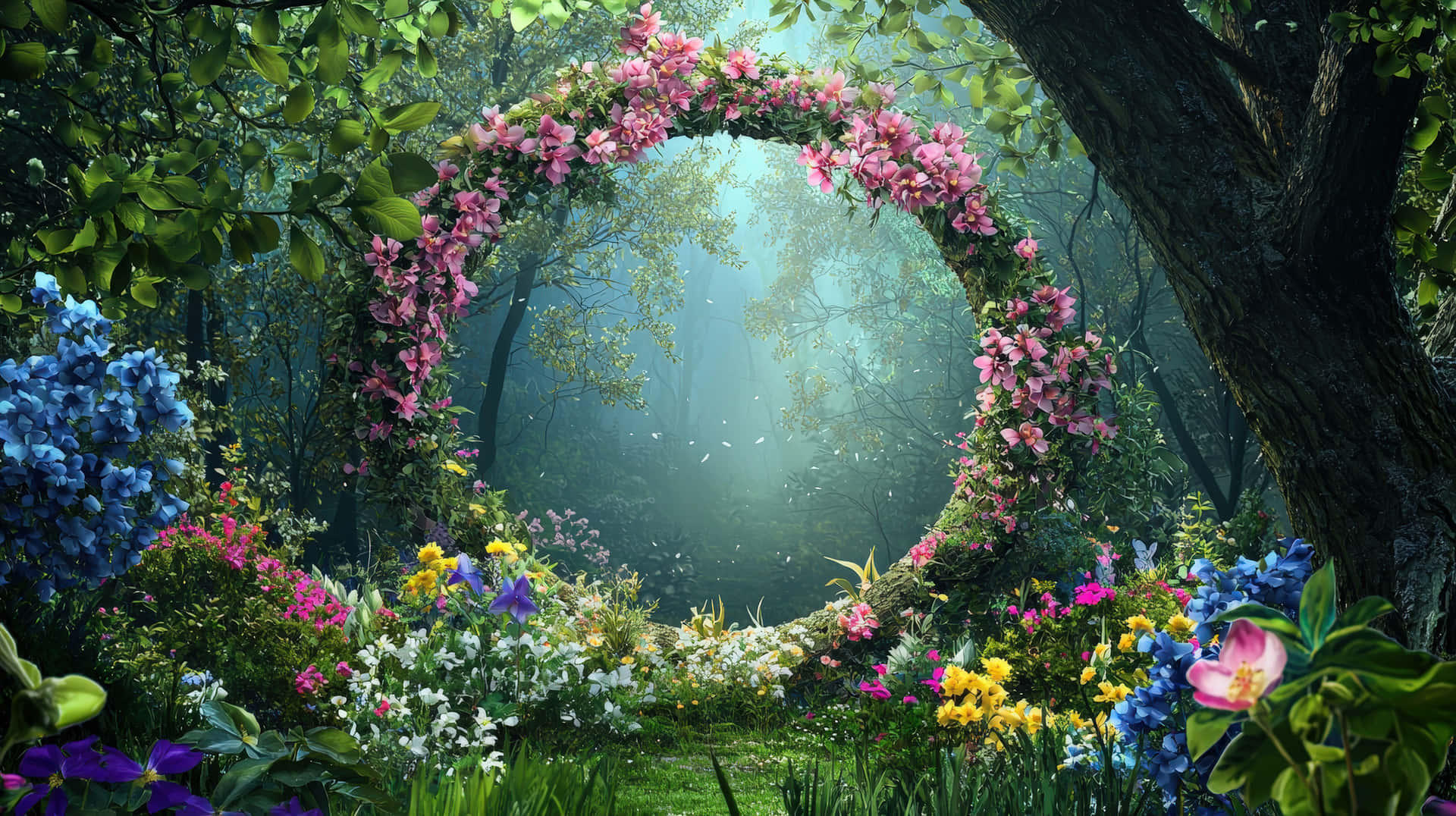 A Beautiful Circular Arch Covered In Pink Flowers Stands In A Vibrant, Mystical Forest Wallpaper