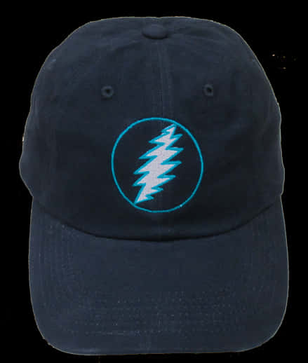 A Black Baseball Cap With A Blue Lightning Bolt Logo PNG