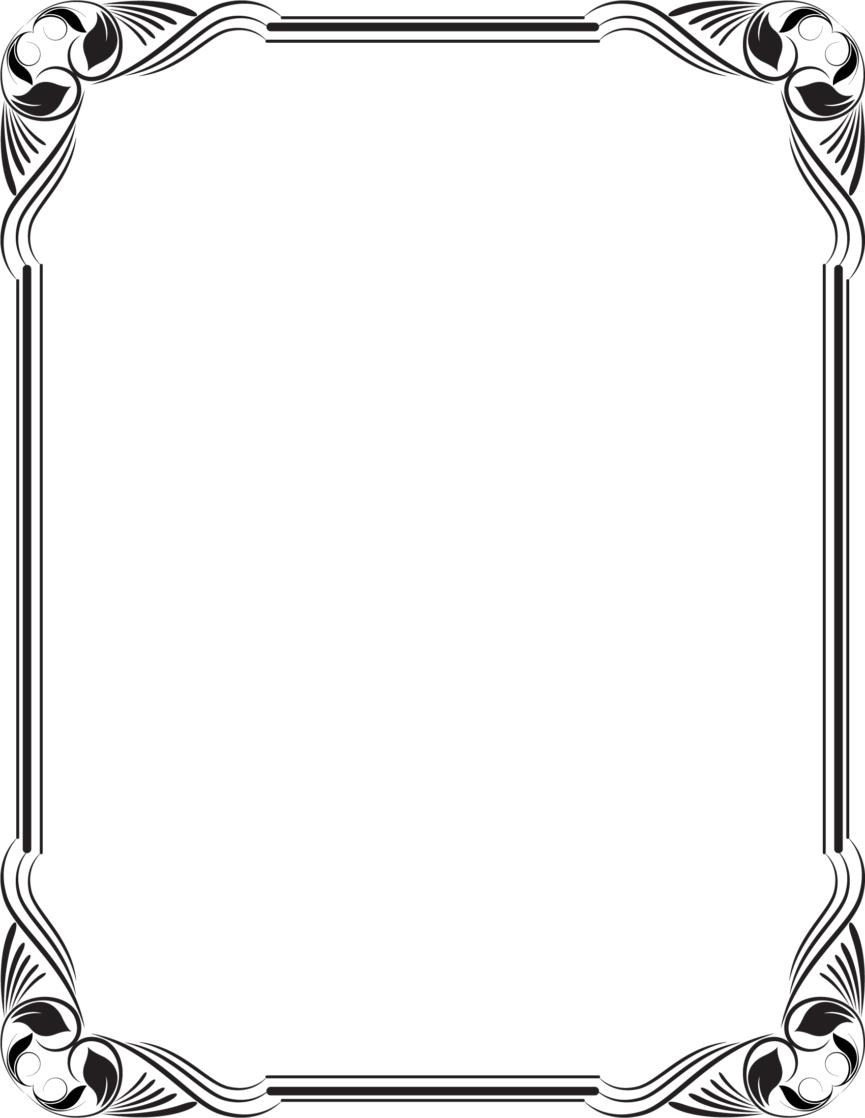 Elegant Blue Floral Border Design PNG — Elegant black ornate frame with intricate floral corners on a solid black background.