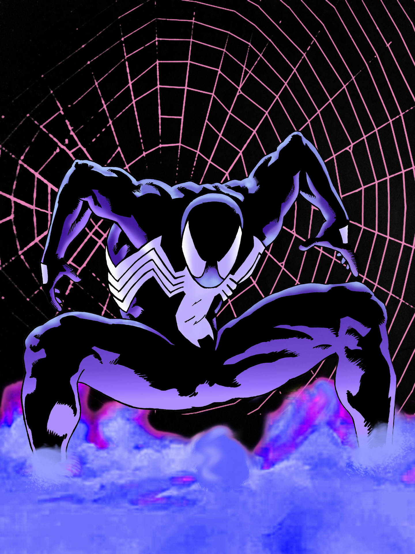 A Black Suit Spiderman In Intense In-action Pose On A Cityscape Background Wallpaper