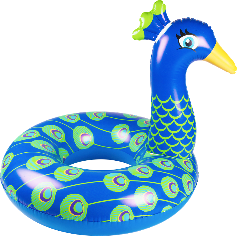 Peacock Inflatable Pool Float PNG — A vibrant blue inflatable pool ring shaped like a peacock with green eye patterns and a yellow beak.