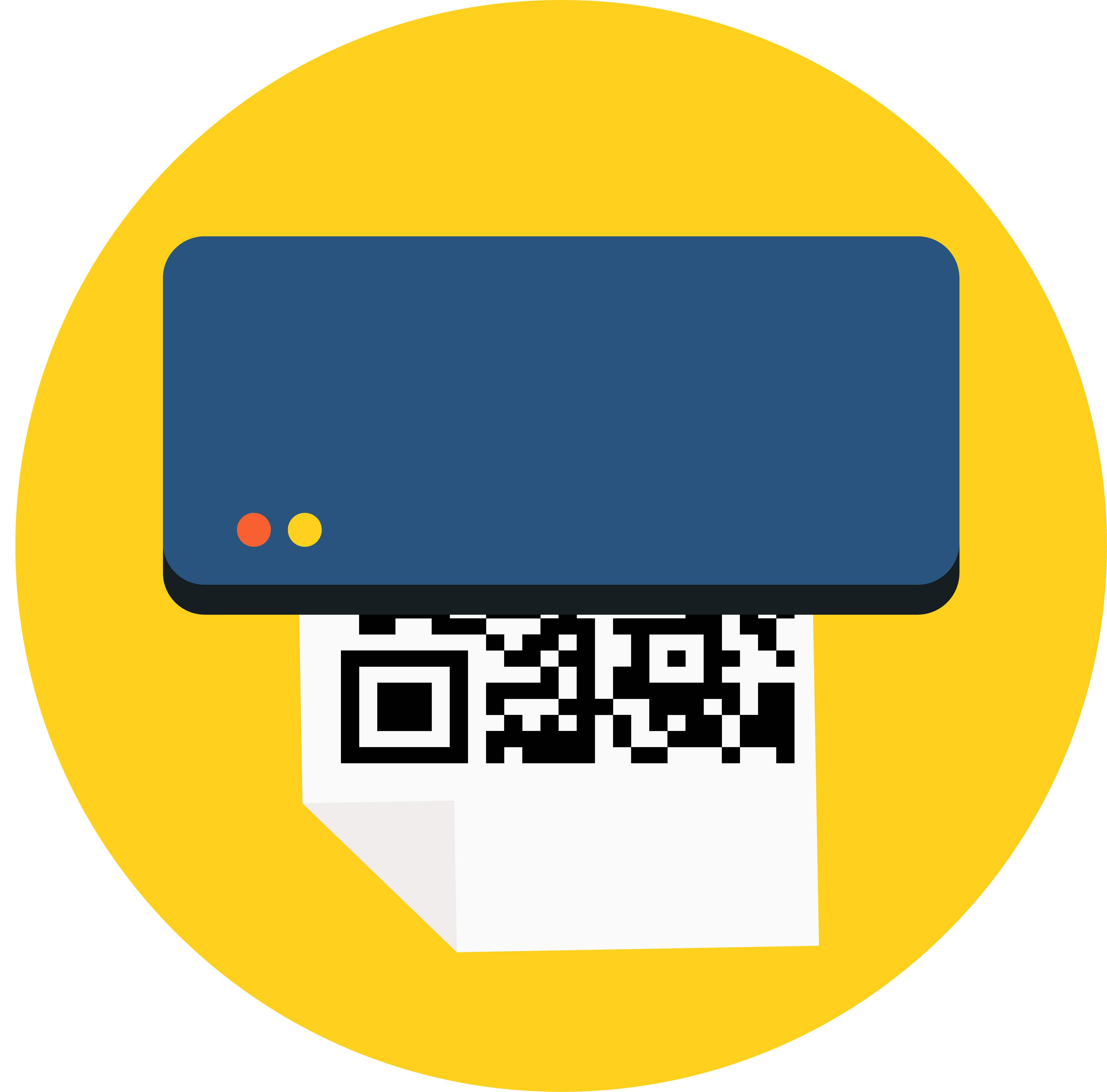 Stylized Q R Code Graphic PNG — A minimalist digital illustration of a blue window with red and yellow dots printing a black and white QR code on white paper against a bright yellow circle.