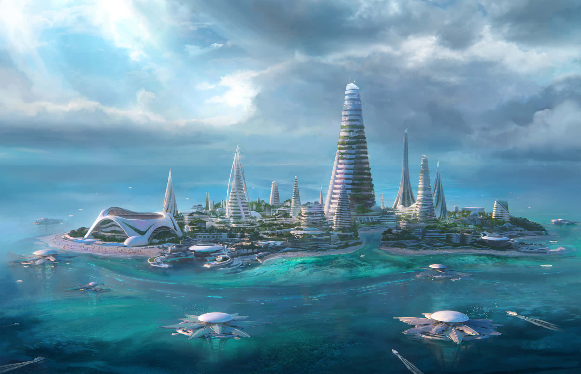 A Breathtaking View Of Sci-fi Beach With Futuristic Structures Wallpaper