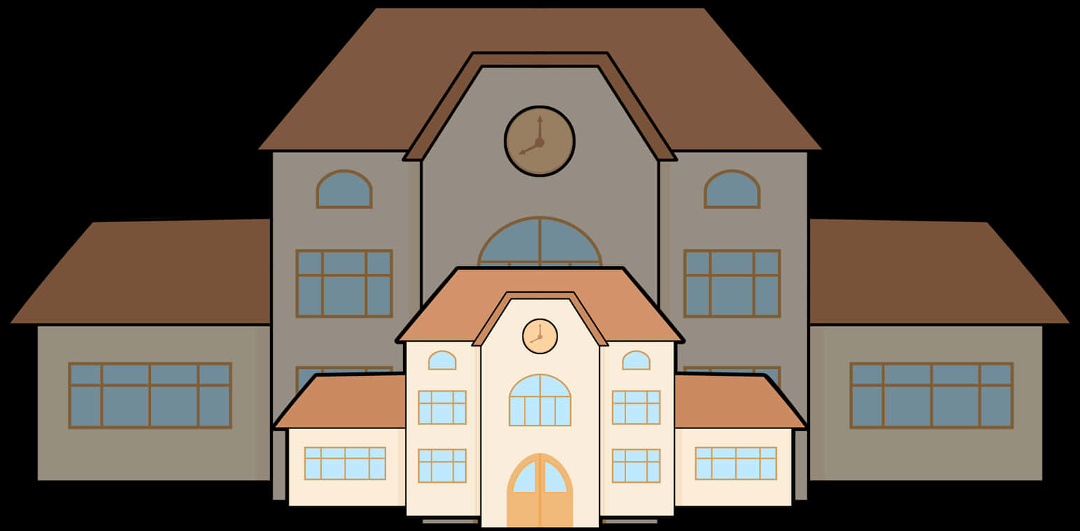Cartoon School Building Illustration PNG — A stylized cartoon school building with a central clock tower and symmetrical wings under brown roofs.
