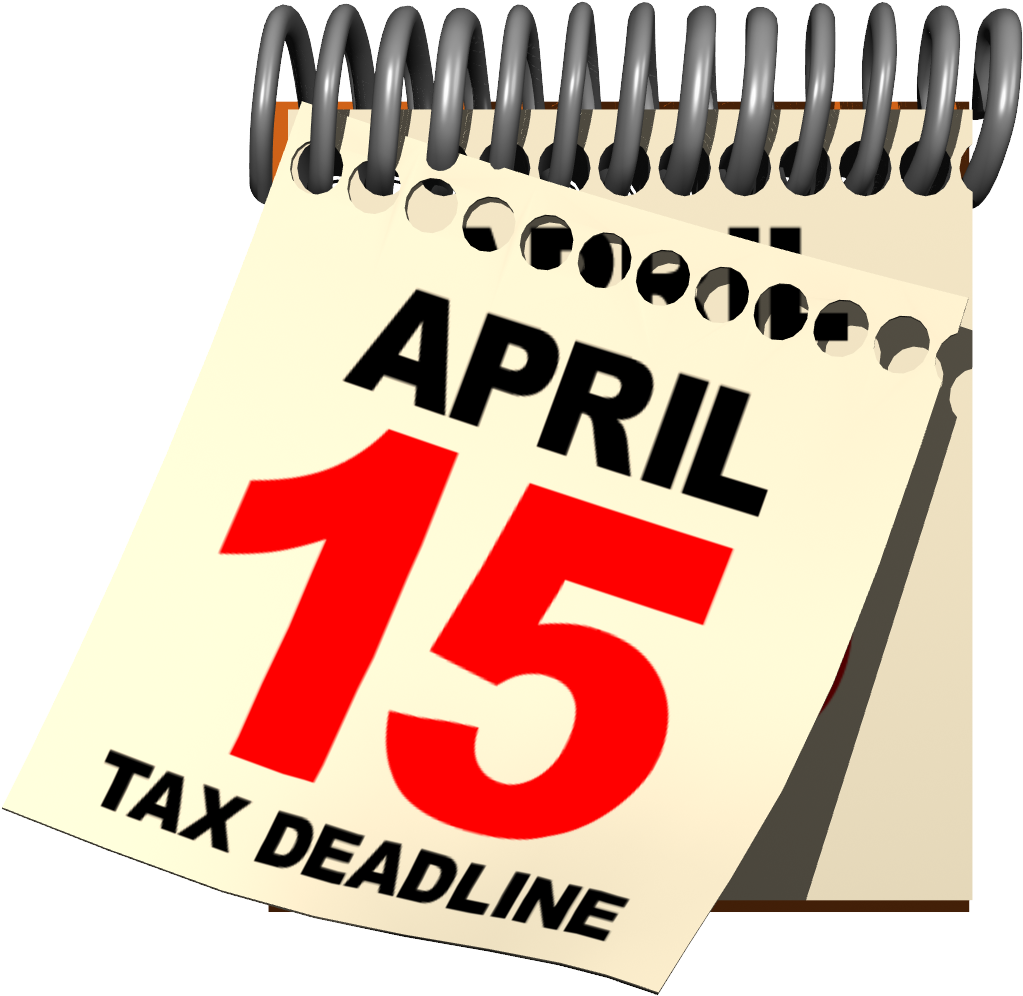 Tax Deadline Calendar Reminder April15 PNG — A tilted desk calendar page highlights April 15 in bold red text with 'TAX DEADLINE' below against a black background.
