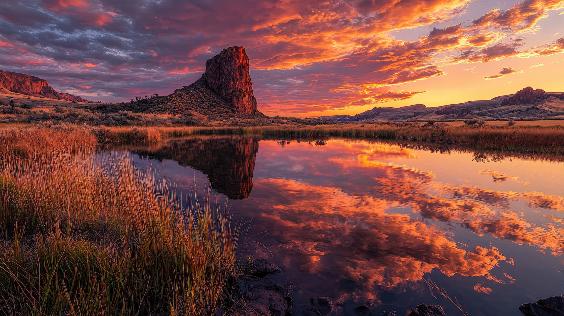 A Calm Lake Reflects The Vivid Colors Of A Sunset Sky, Surrounded By Rugged Mountains And Lush Grass Wallpaper