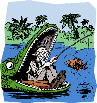 A Cartoon Of A Man In A Crocodile With A Fish In It PNG