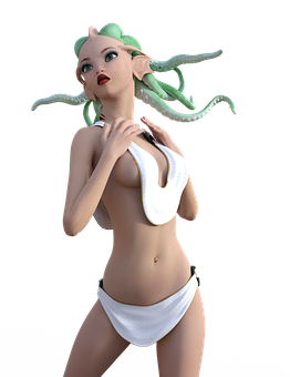 A Cartoon Of A Woman With A Green Hair And A White Garment PNG