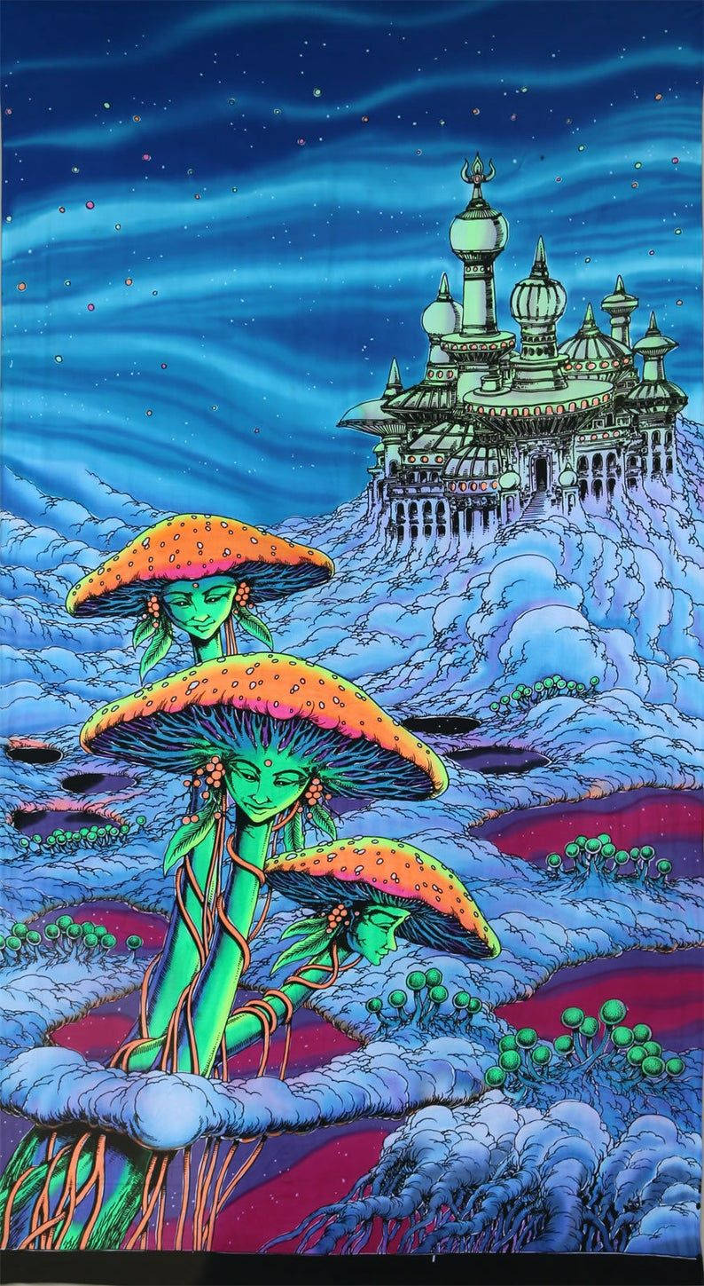 Et slot, svamp og psykedelisk sky Wallpaper