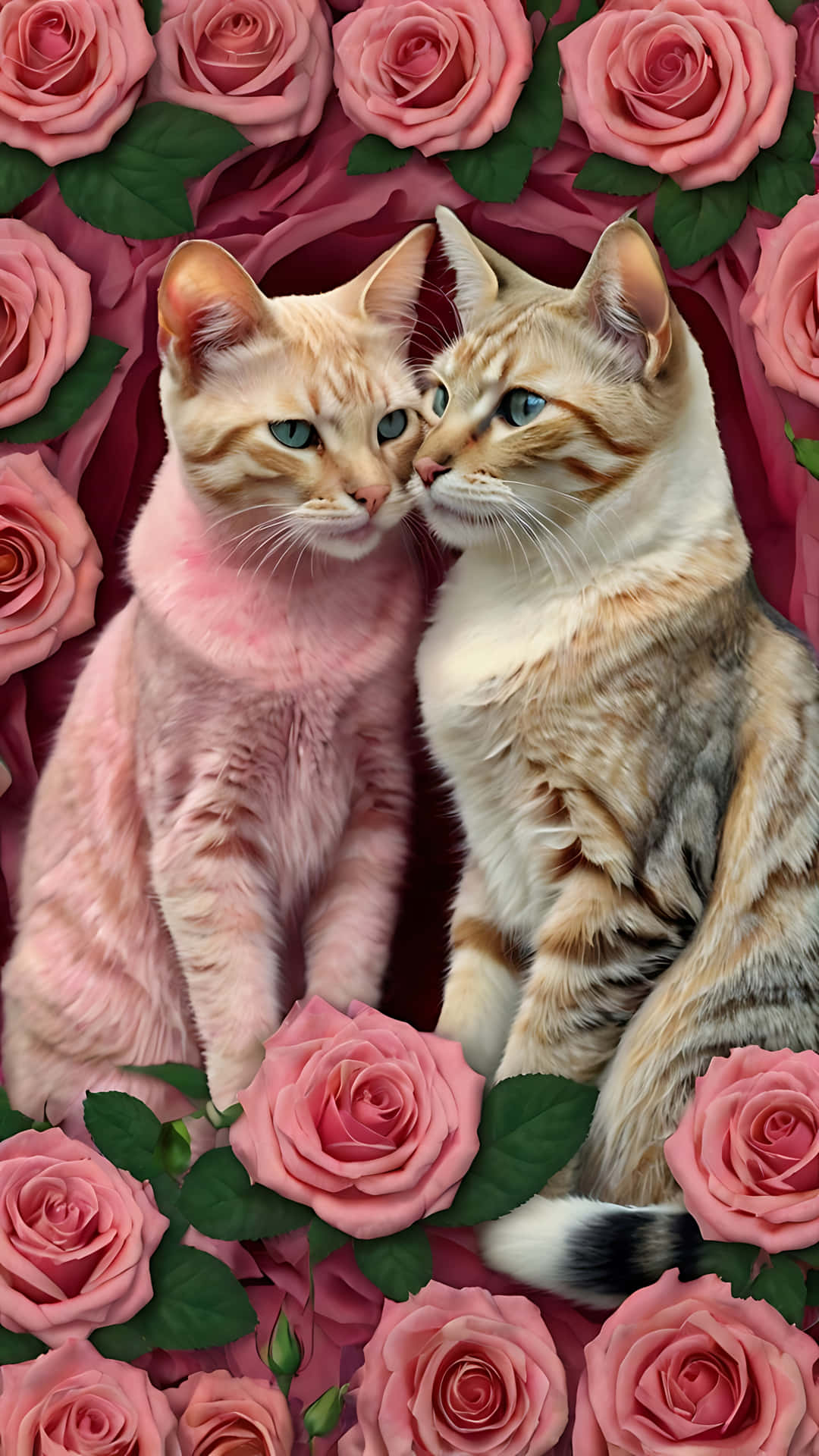 A Charming Love Sign With Two Cats Perched On It, Wrapped In Pink Roses And Butterfly Motifs. Wallpaper