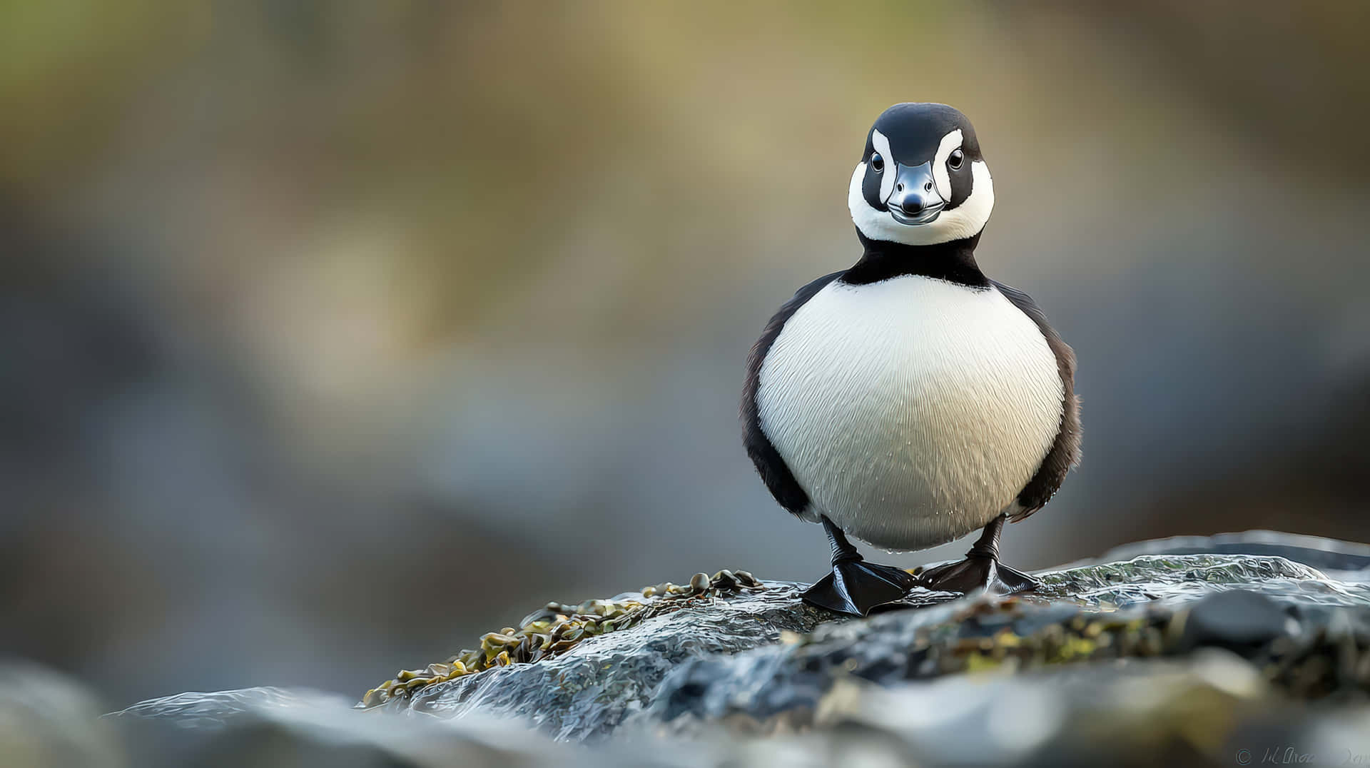 A Charming Puffin With Black And White Feathers Stands On A Rocky Shoreline, Looking Curious Wallpaper