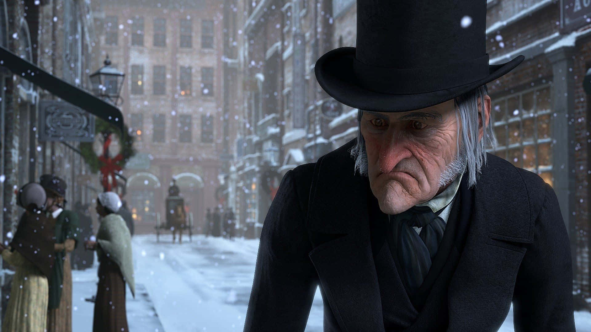 A Man In A Top Hat And A Top Hat Is Walking Down A Snowy Street