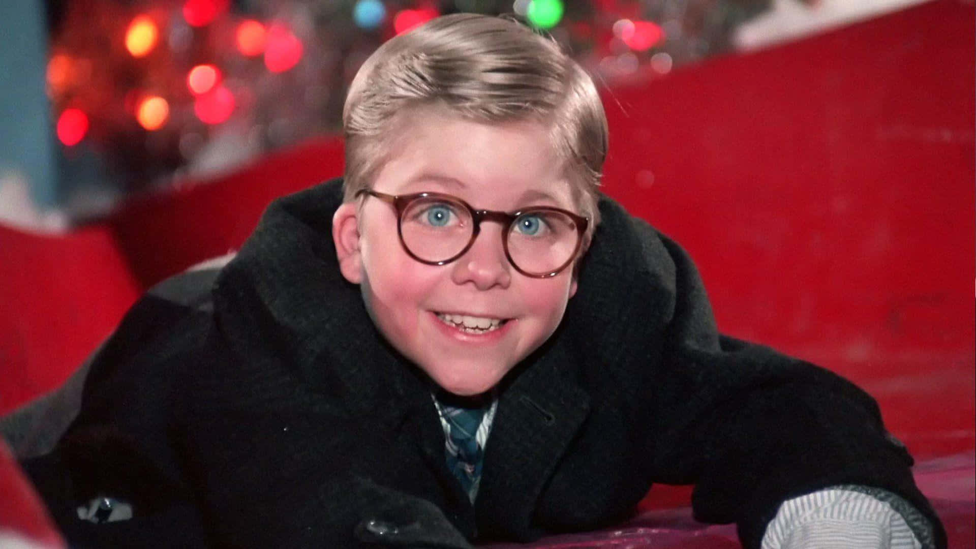 Unniño Joven Con Gafas Está Recostado Sobre Un Árbol De Navidad. Fondo de pantalla