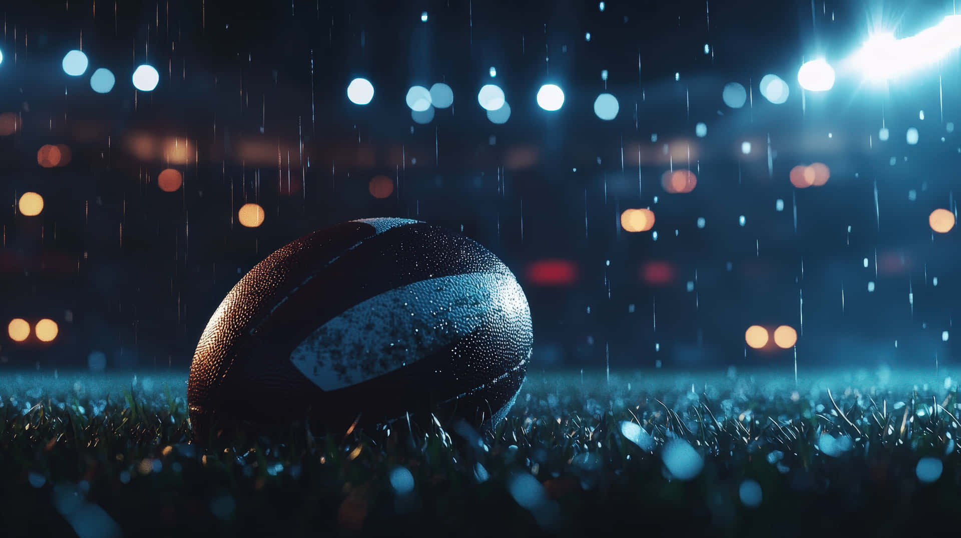 A Close-up Of A Wet Football Resting On A Grass Field Under Bright Stadium Lights In The Rain Wallpaper
