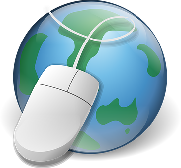 Online Navigation Concept PNG — A white computer mouse with a curved cable rests against a glossy blue and green globe icon.