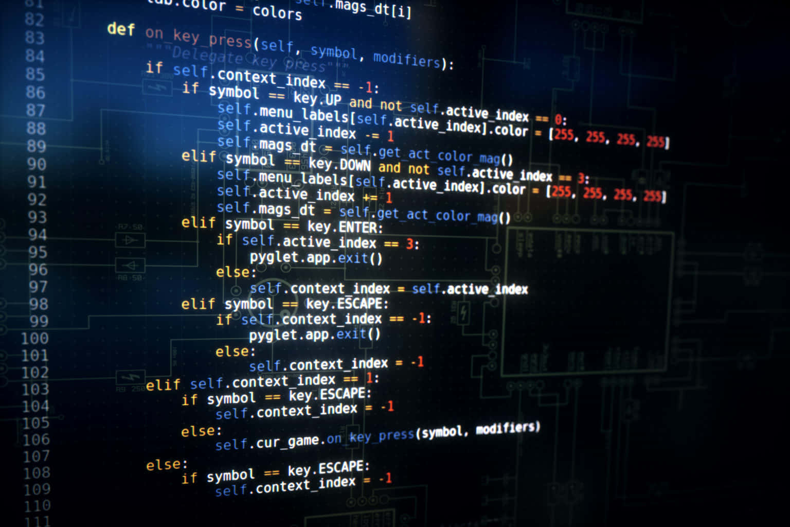 A Creative Coding Challenge Picture — Glowing lines of code float over a dark circuit board background in a futuristic tech aesthetic.
