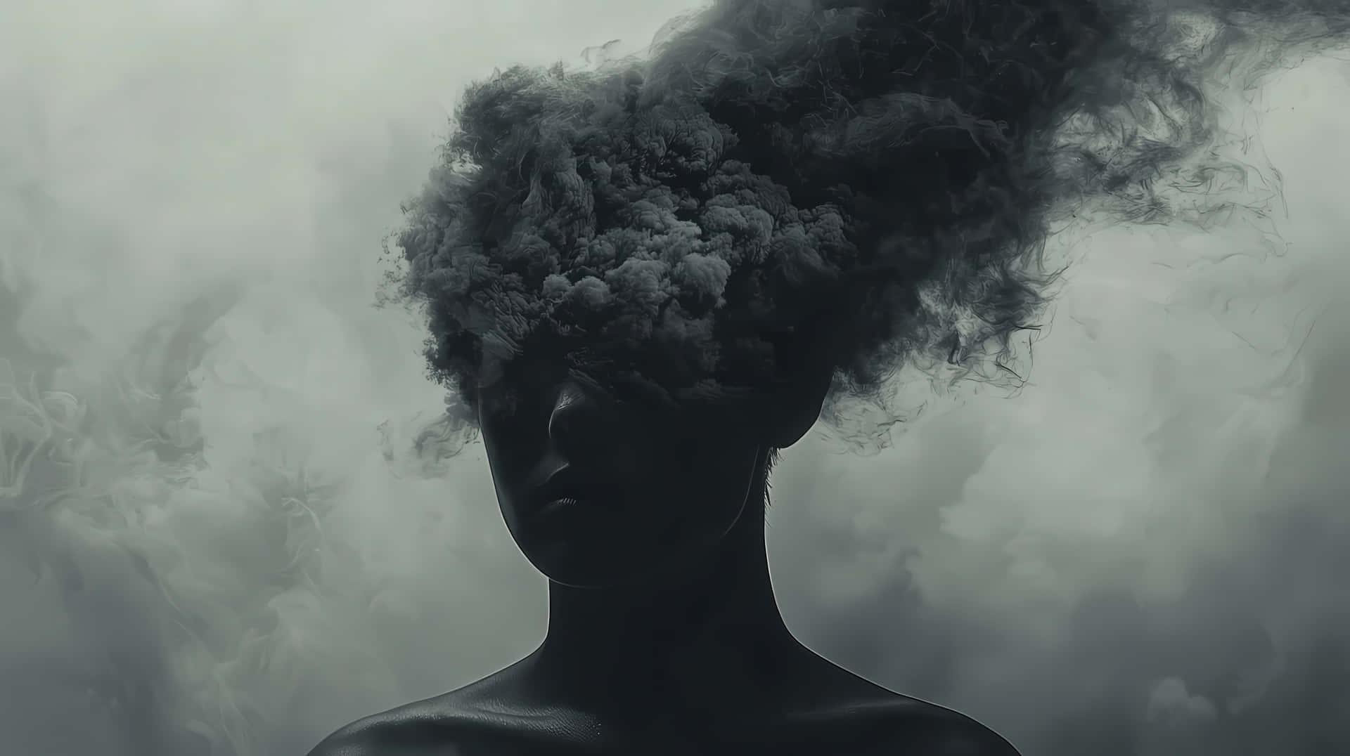 A Dark And Moody Surreal Digital Artwork Depicting A Person Whose Head Transforms Into Black Smoke Wallpaper