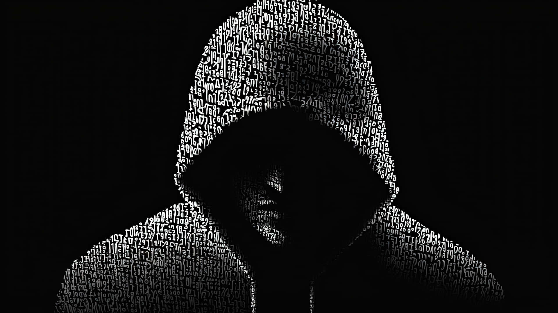 A Dark Digital Artwork Of An Anonymous Hooded Figure Constructed From Numbers, Symbolizing Hacking, Wallpaper