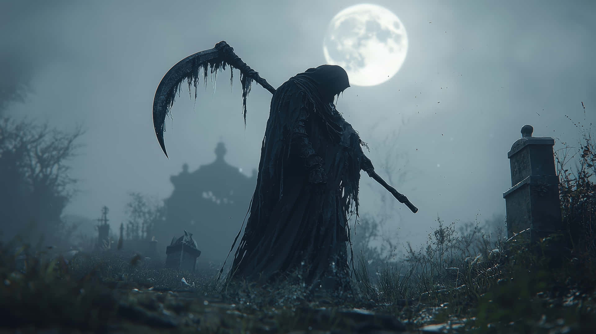 A Dark, Eerie Depiction Of The Grim Reaper Holding A Scythe In A Foggy Graveyard Under A Full Moon Wallpaper