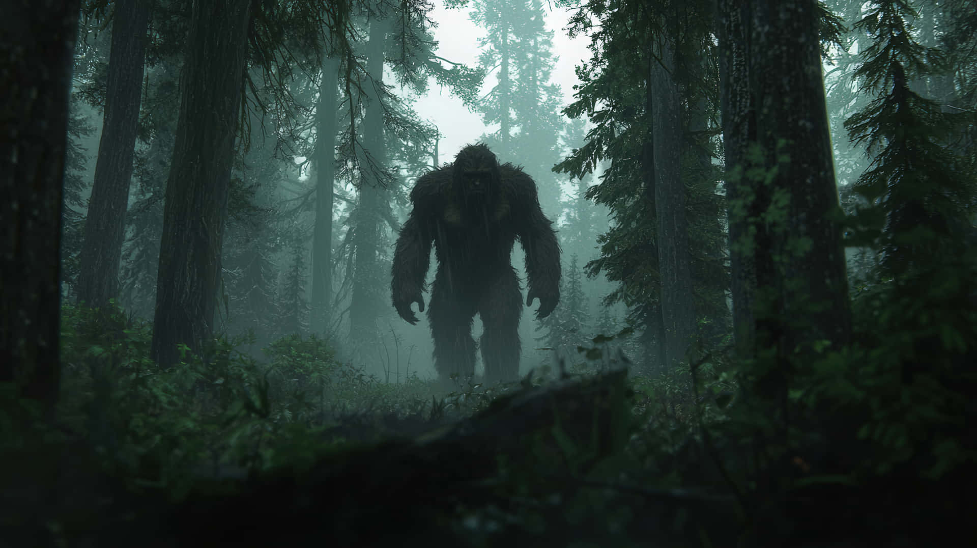 A Dark, Misty Forest Setting Where A Towering Bigfoot Creature Emerges From The Shadows Wallpaper