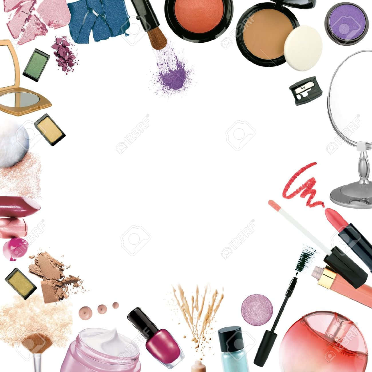 A Diverse Assortment Of Makeup Essentials On A Sleek Black Background.