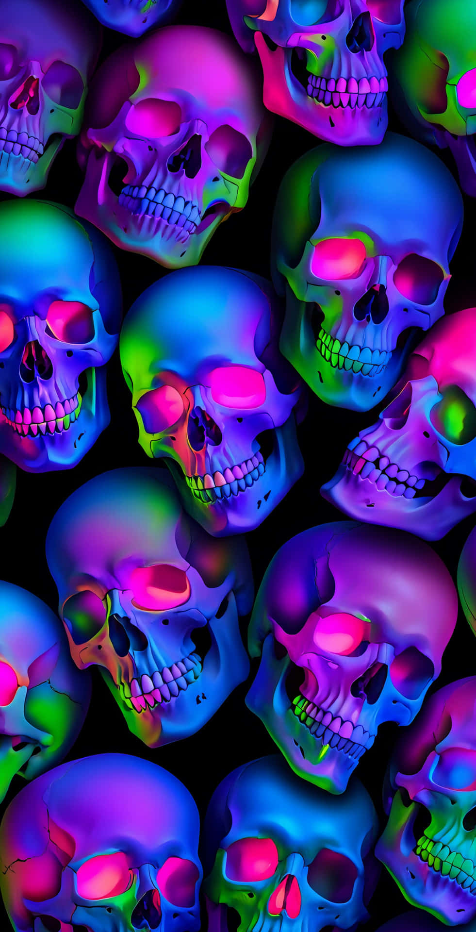 A Dynamic Composition Of Multiple Neon-colored Skulls Stacked On Top Of Each Other, Glowing In Elect Wallpaper