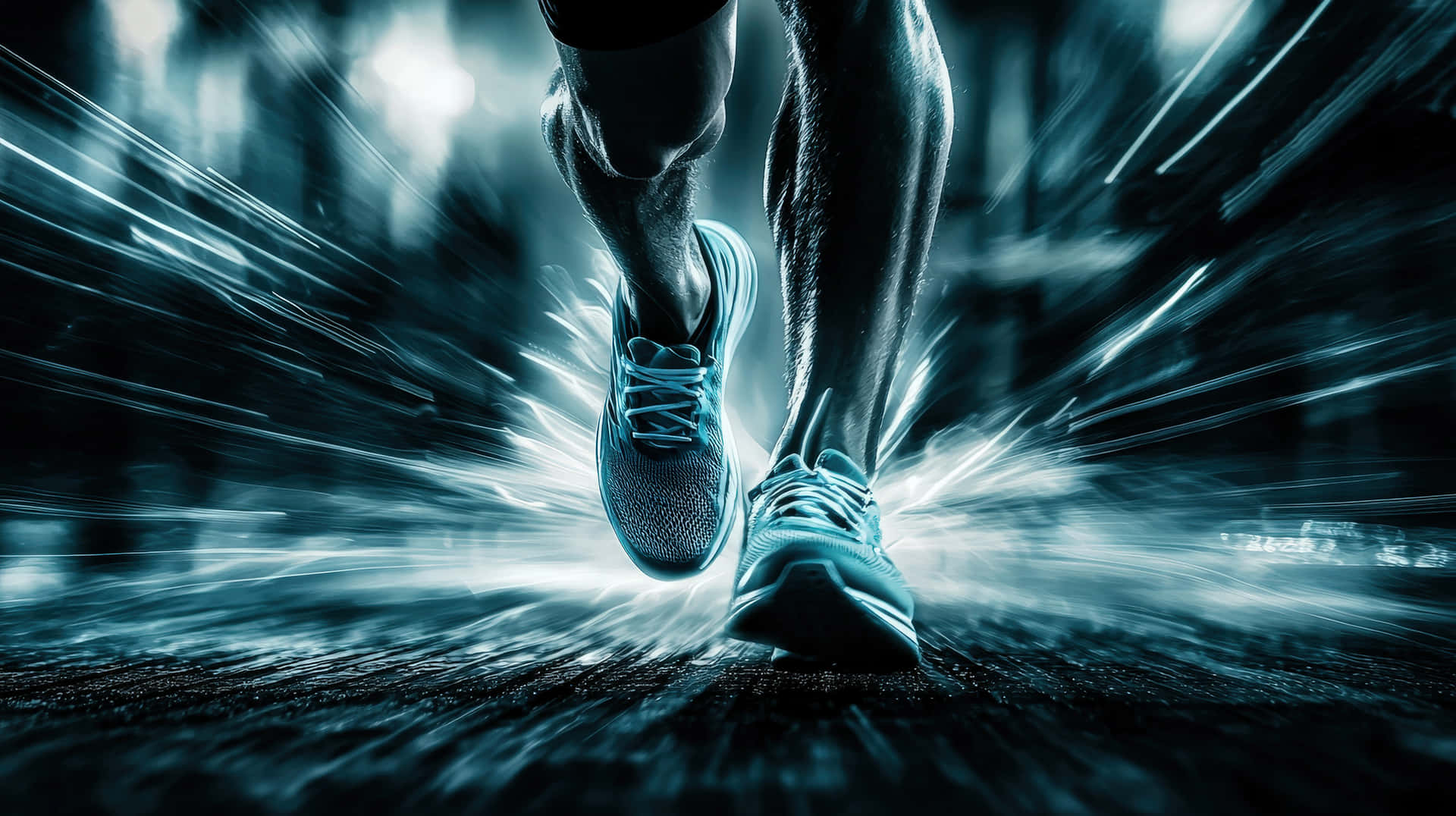 A Dynamic Image Of A Runner's Legs With A Futuristic Blue Glow And Speed Bursts Wallpaper