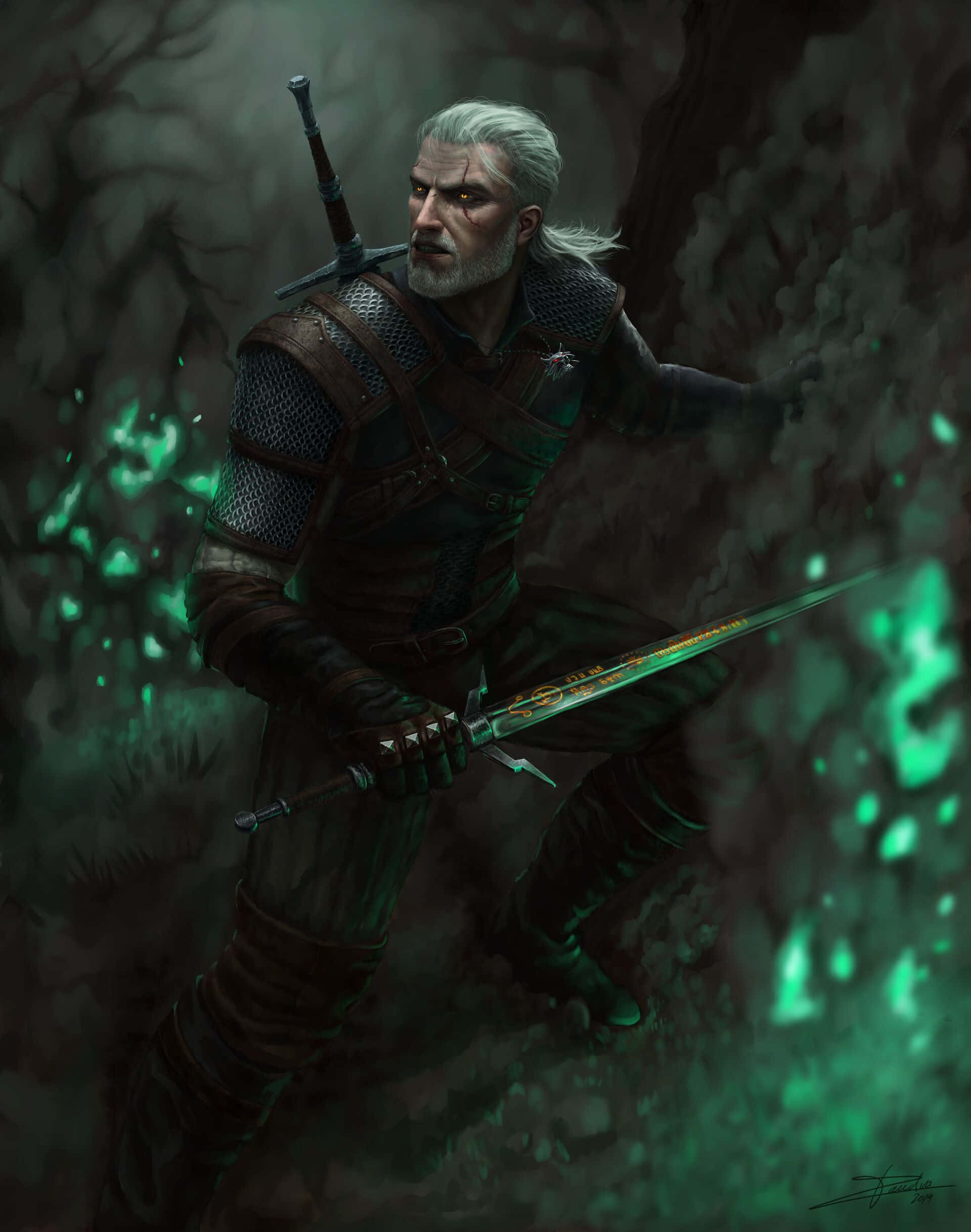 A Fiercely Intense Geralt Of Rivia Full Photo View Wallpaper