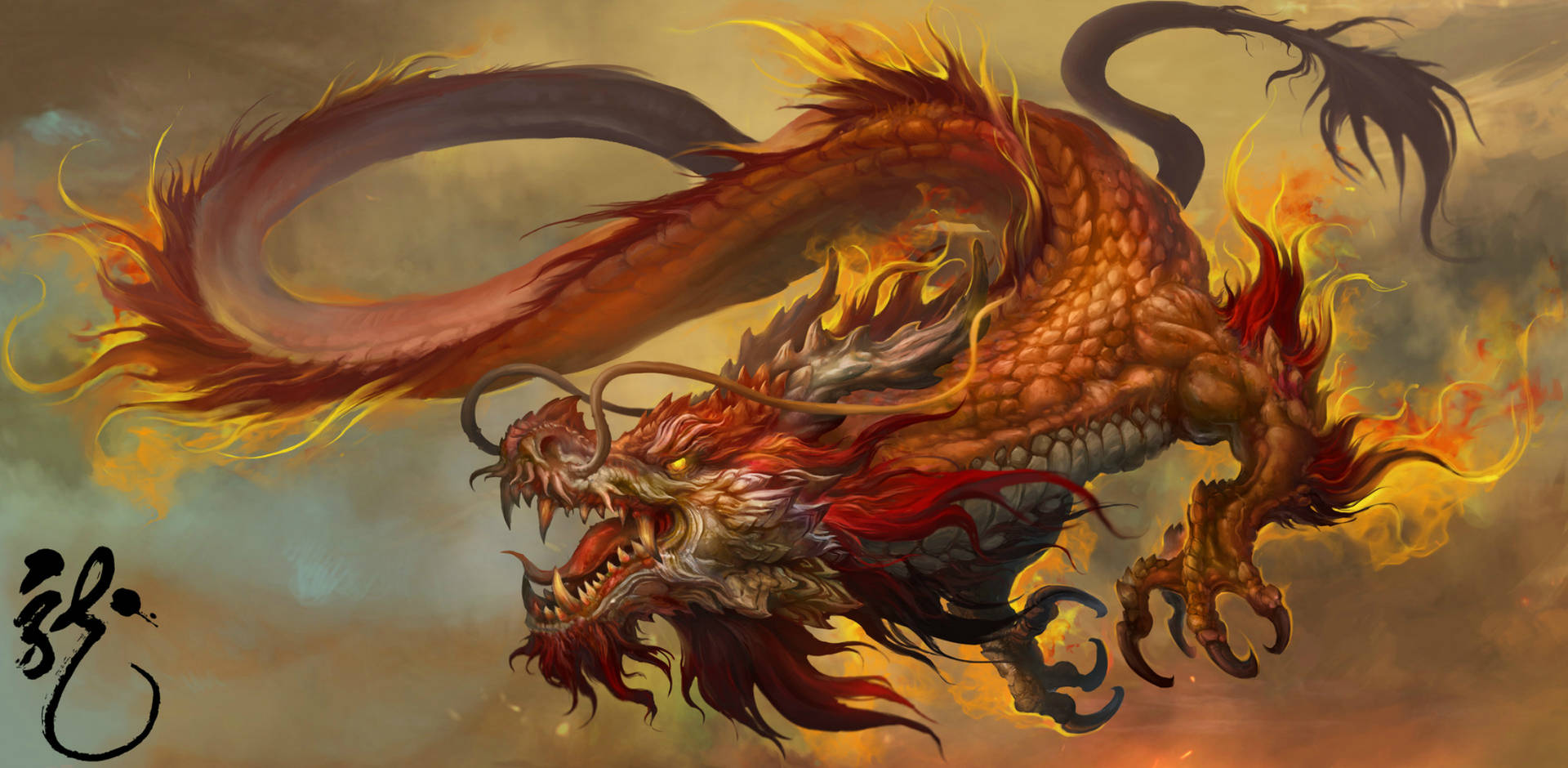 A Flying Fiery Chinese Dragon Wallpaper