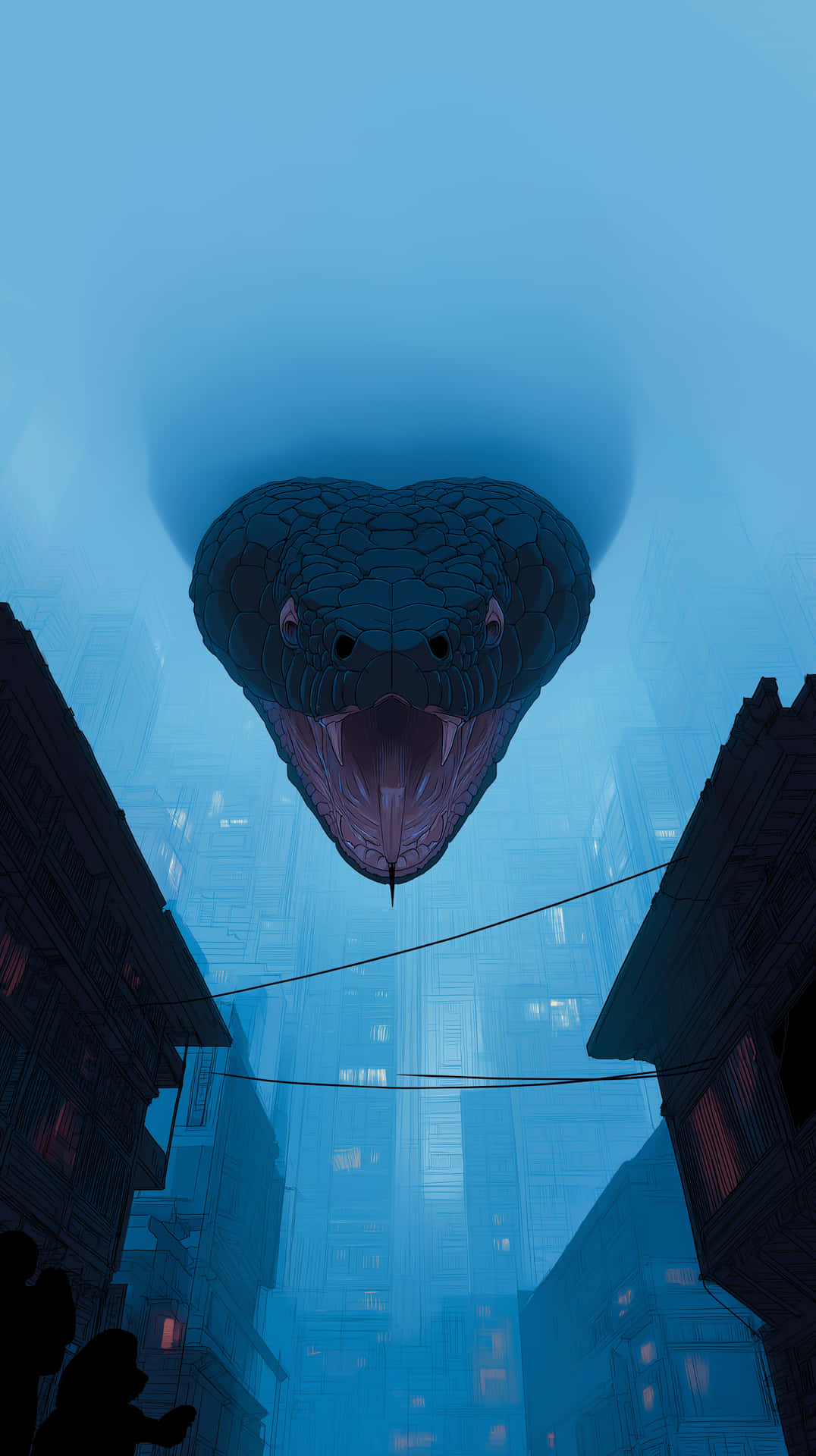 A Giant Black Snake With Fangs And Sharp Teeth Is Hovering Over A City Wallpaper