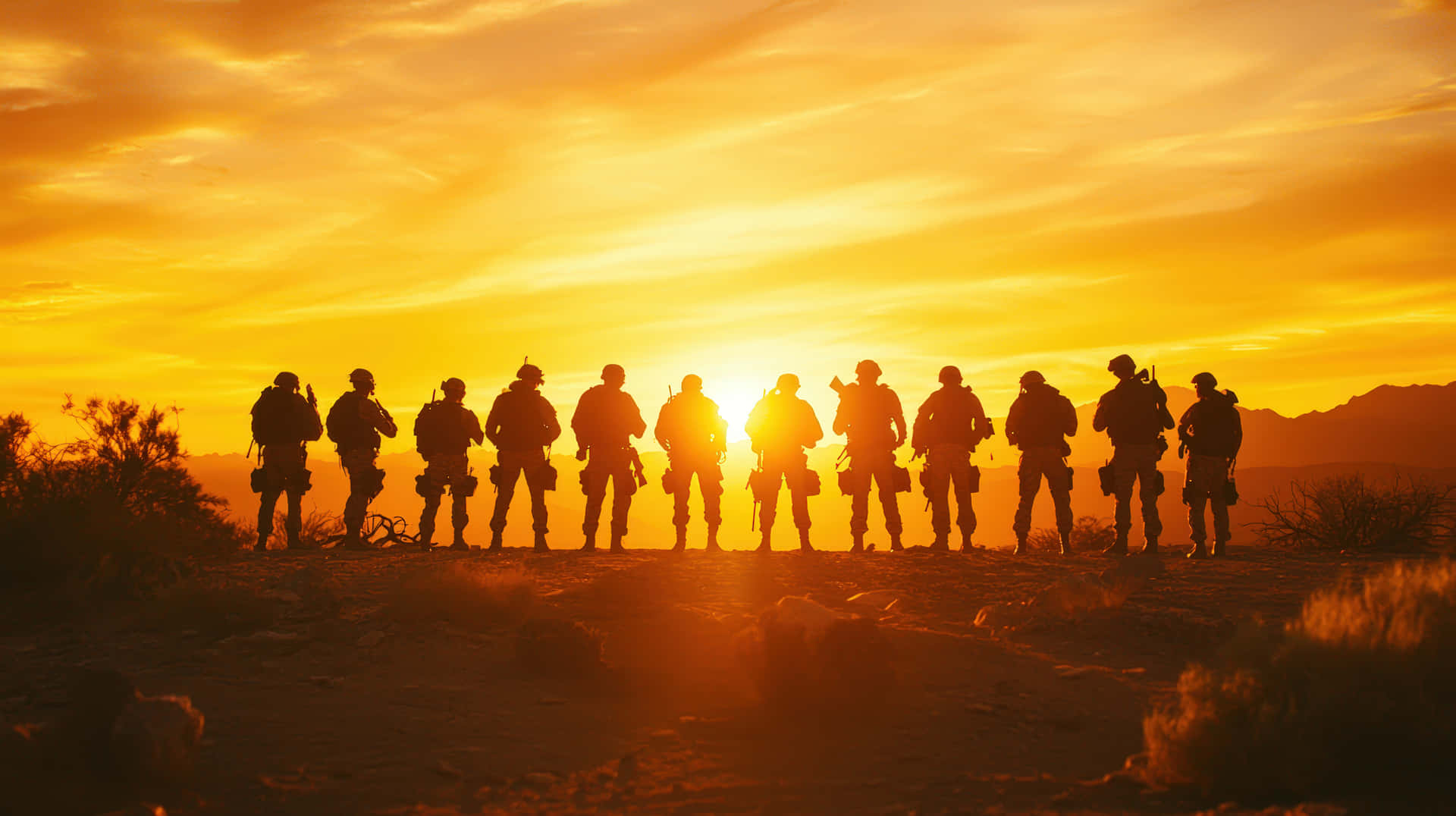 A Group Of Soldiers Stands In Silhouette Against A Glowing Sunset, Symbolizing Unity And Duty Wallpaper