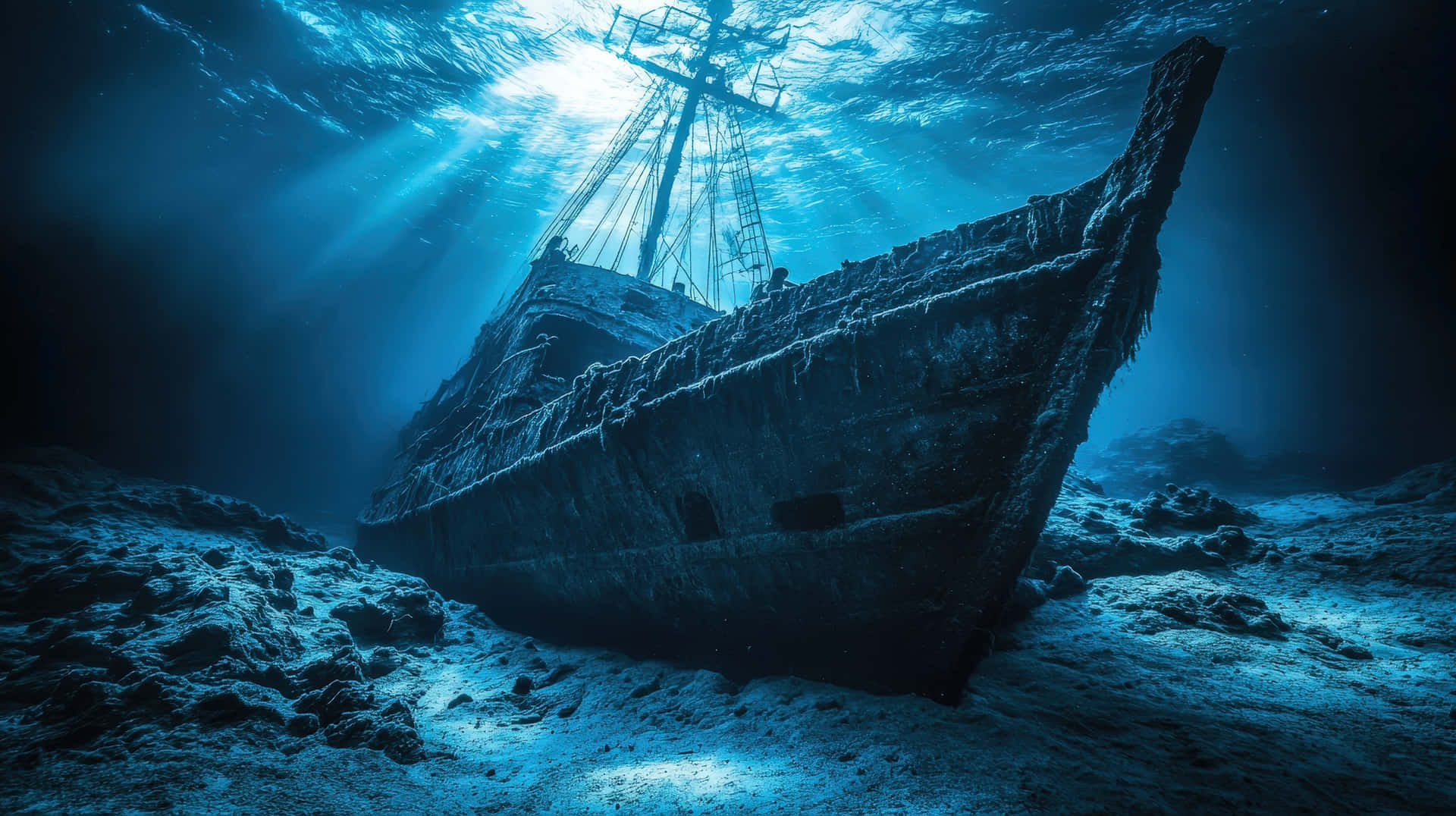 A Hauntingly Beautiful Image Of An Old Shipwreck Submerged Deep Underwater, Illuminated By Sun Rays Wallpaper