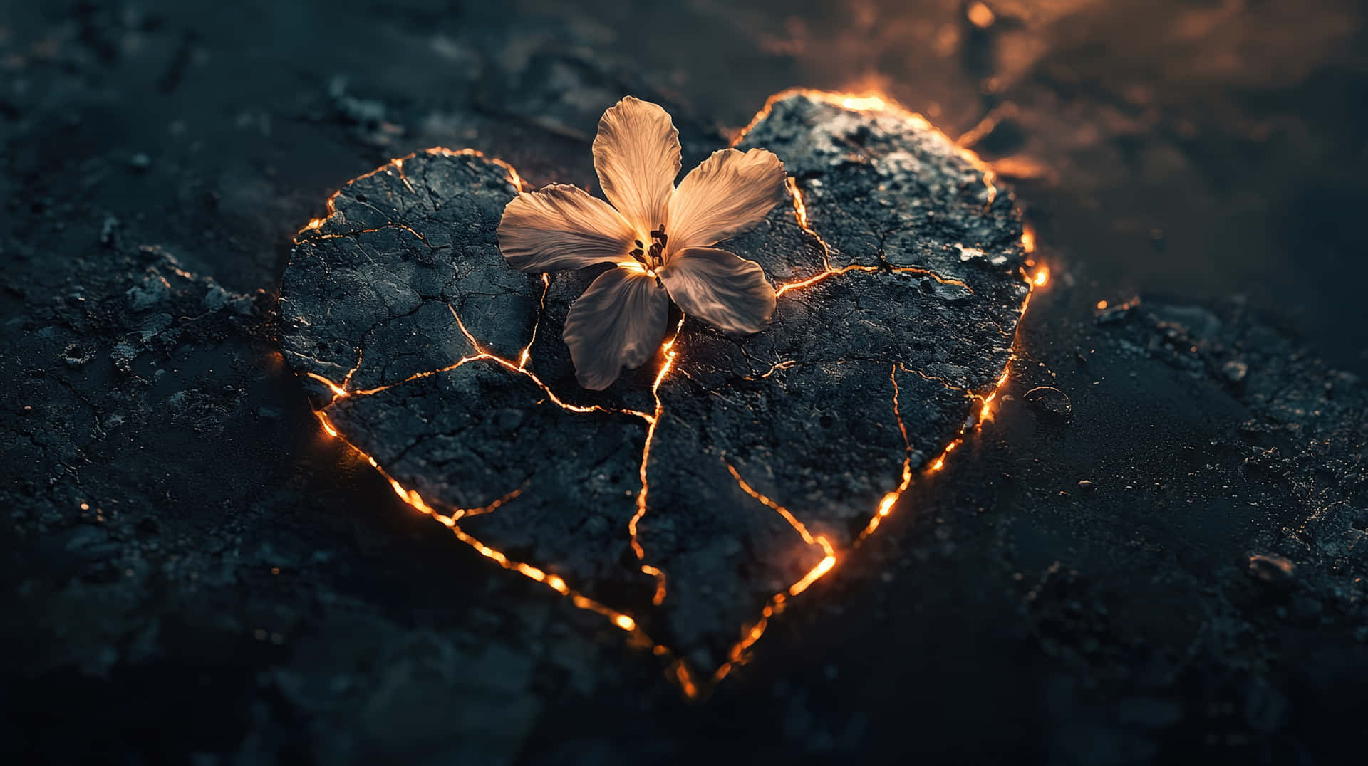 A Heart-shaped Cracked Stone Glows With Molten Lava, While A Delicate Flower Blooms On Top Wallpaper