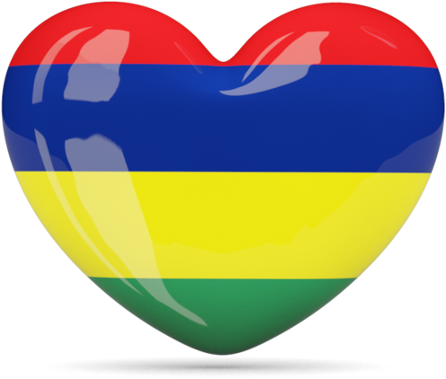 Mauritius Flag Heart Shaped Icon PNG — A glossy heart-shaped object displays the vibrant horizontal stripes of the Mauritian flag with red blue yellow and green.