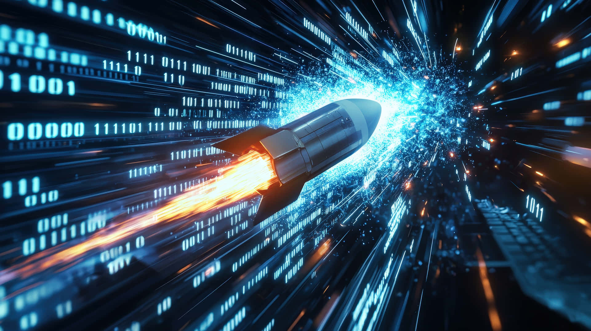 A High-speed Rocket Moves Through Glowing Data Streams, Symbolizing Innovation, Ai Wallpaper