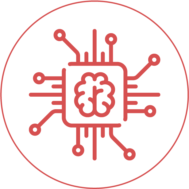 A I_ Brain_ Chip_ Technology_ Icon PNG — A minimalist red line art icon of a brain integrated with circuitry inside a circle on black background.
