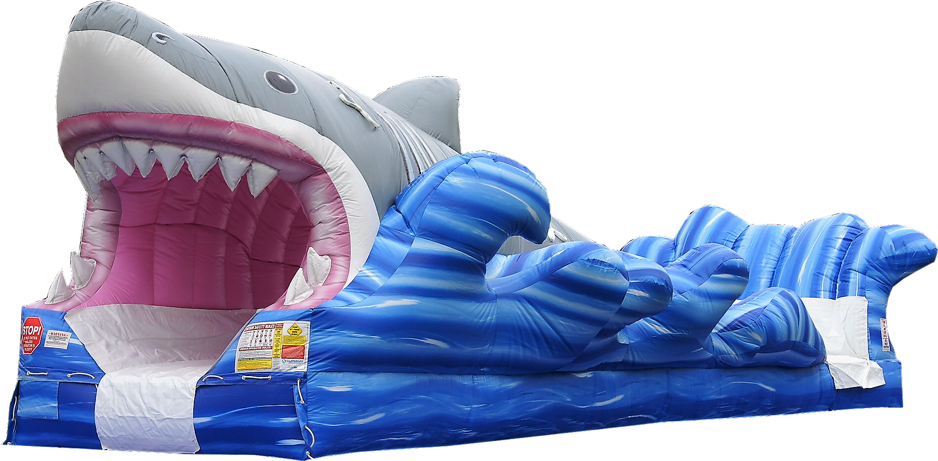 Inflatable Shark Slide Adventure PNG — A giant inflatable shark slide with a pink mouth and blue wave design against a black background.