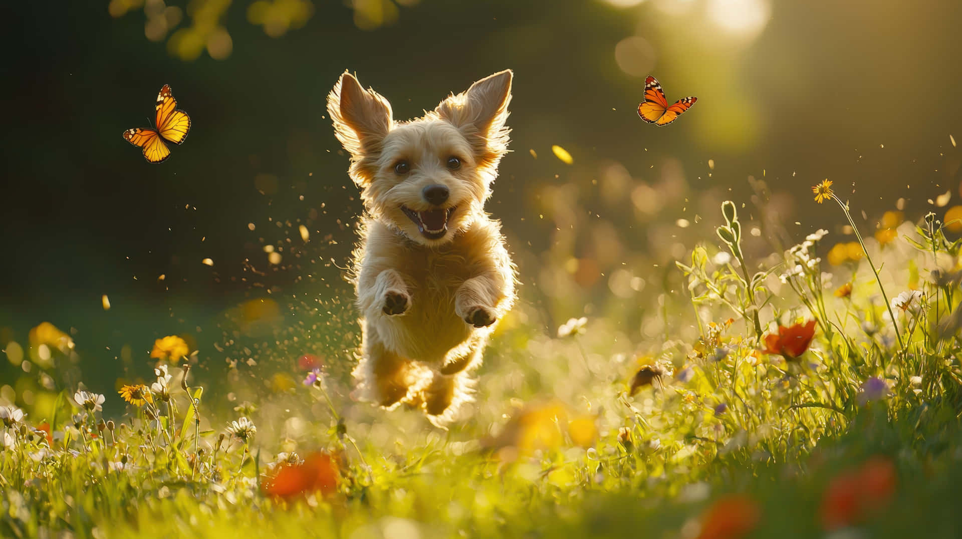 A Joyful Dog Leaps Through A Sunlit Meadow Filled With Wildflowers And Butterflies Wallpaper