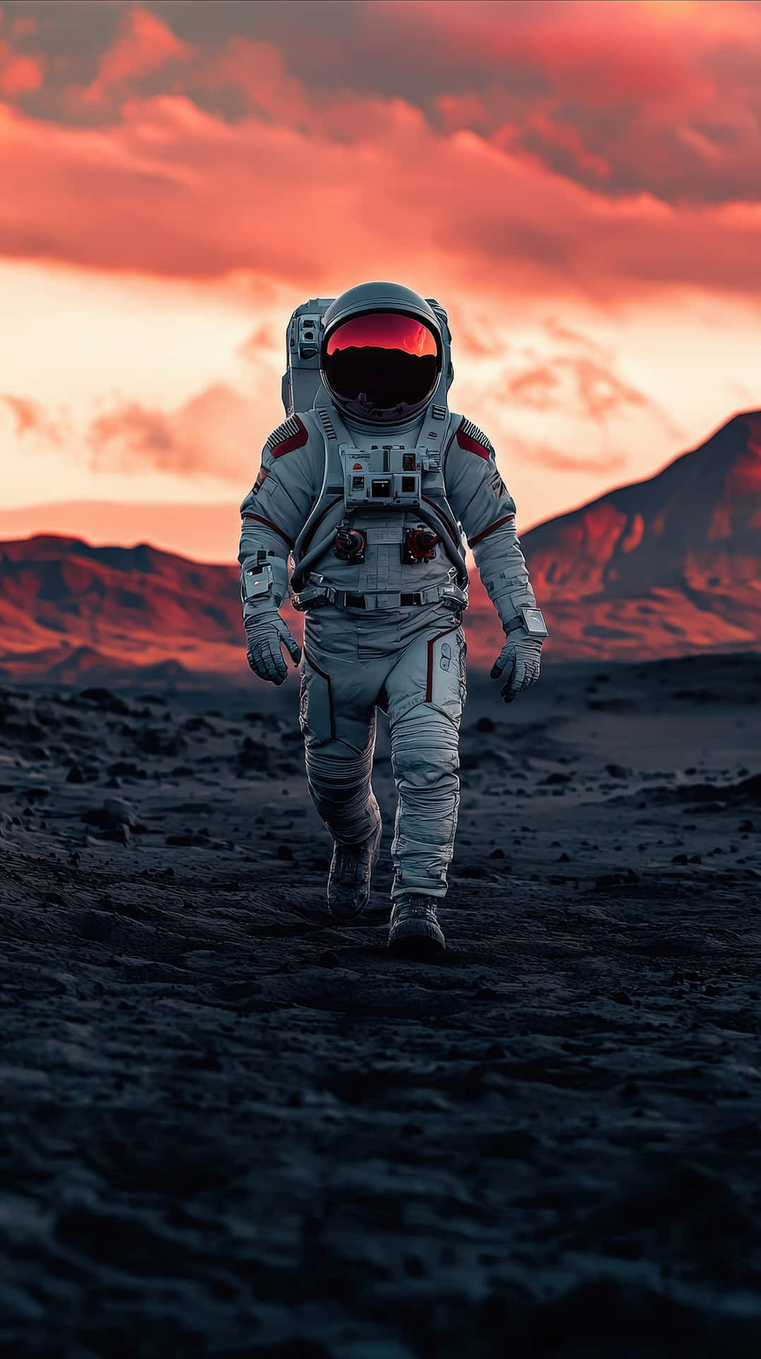 A Lone Astronaut In A White Spacesuit Strides Across A Rugged Alien Desert Wallpaper