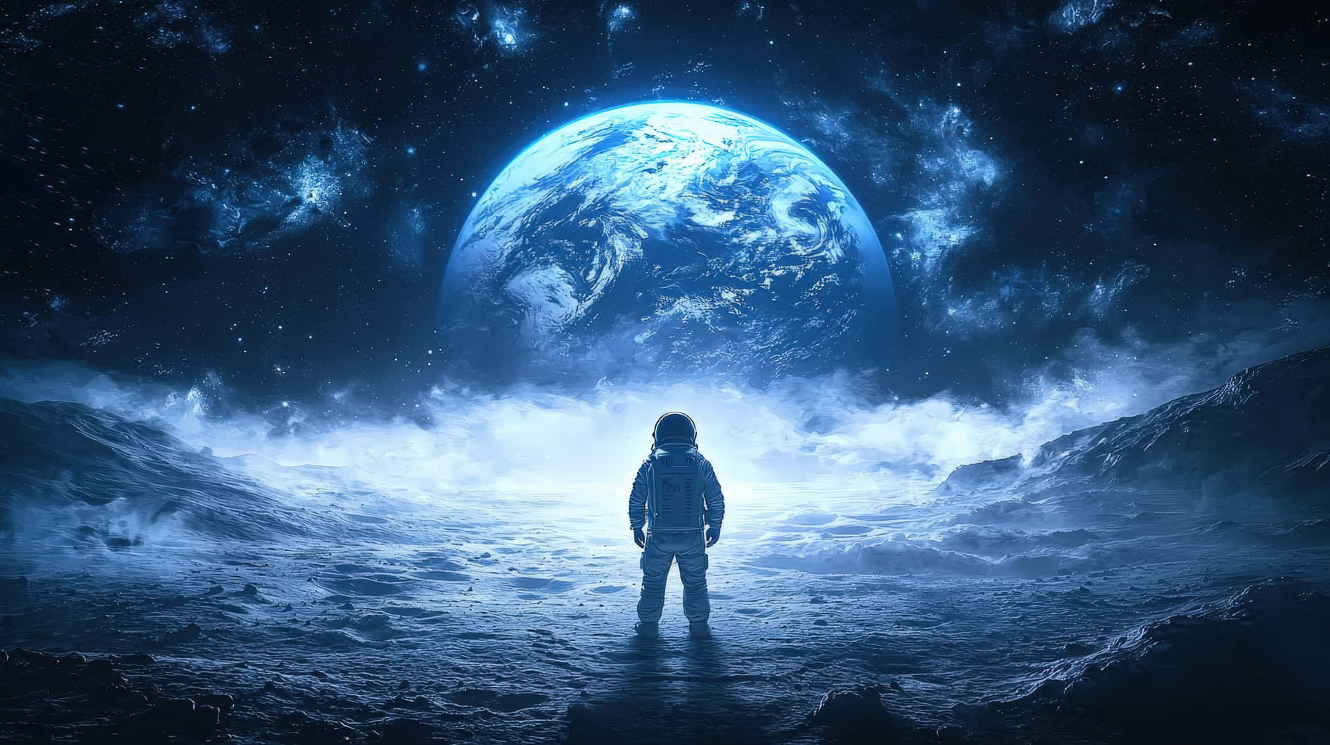 A Lone Astronaut Stands On An Alien Landscape, Looking At Earth In The Distance, Surrounded By Stars Wallpaper
