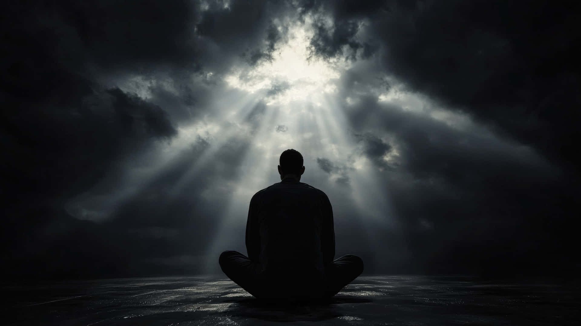A Lone Figure Sits In Deep Meditation Under A Dark, Stormy Sky With Dramatic Light Rays Wallpaper