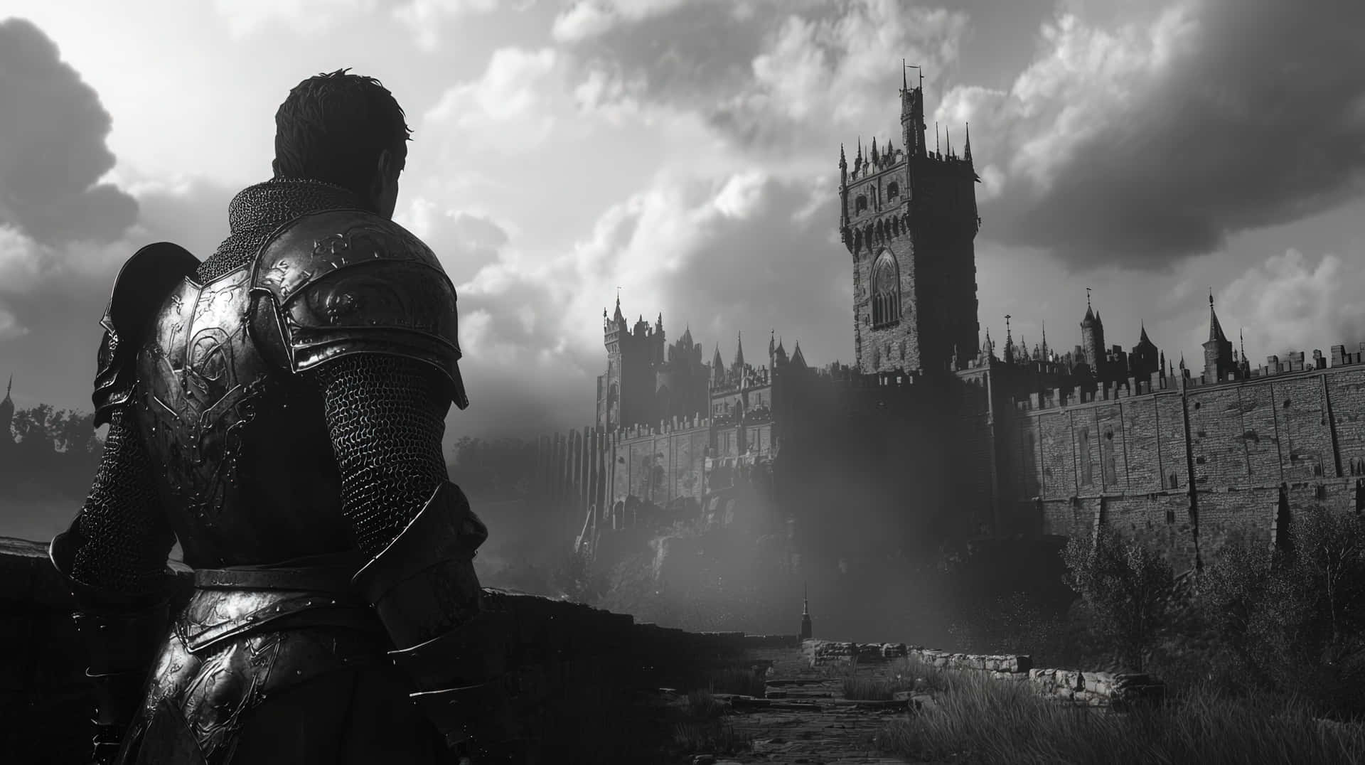 A Lone Knight In Heavy Armor Stands In A Dark Landscape, Gazing At A Towering Medieval Castle Wallpaper