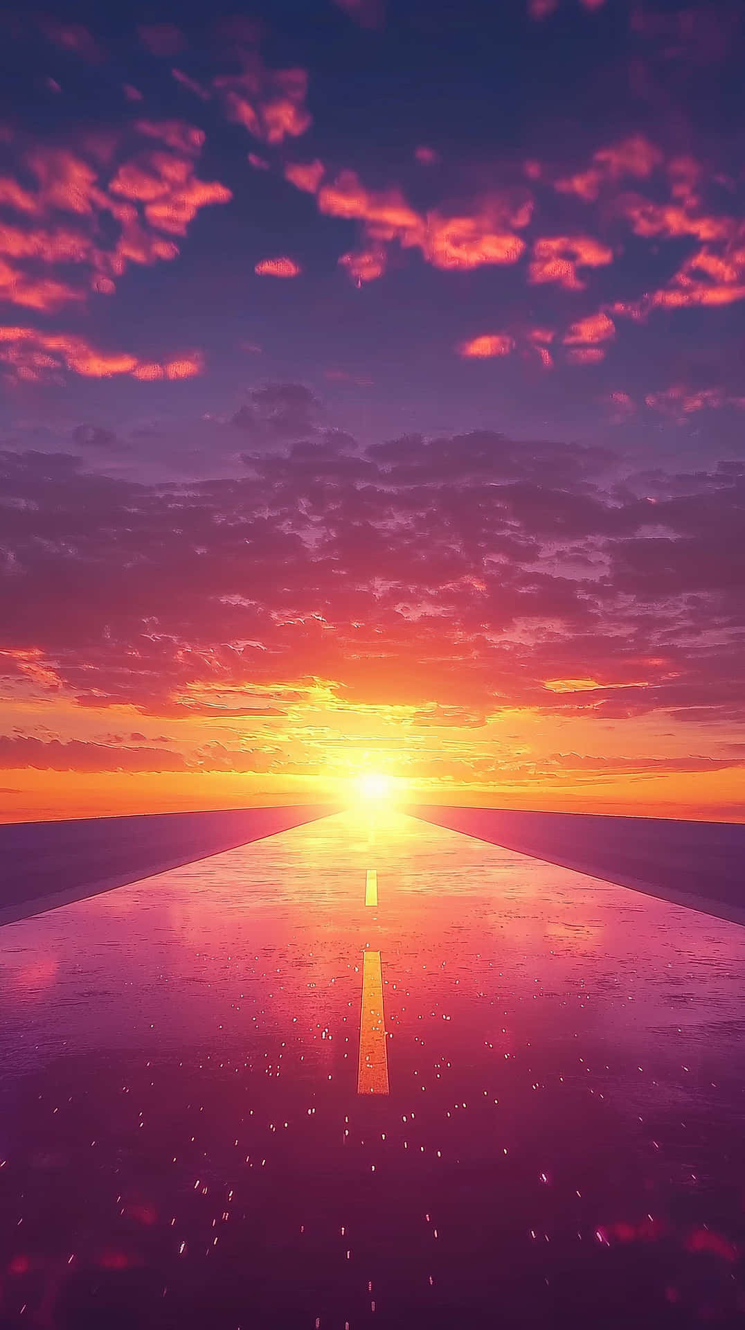 A Long Empty Highway Stretches Into The Glowing Sunset, Its Wet Surface Reflecting Warm Hues Wallpaper